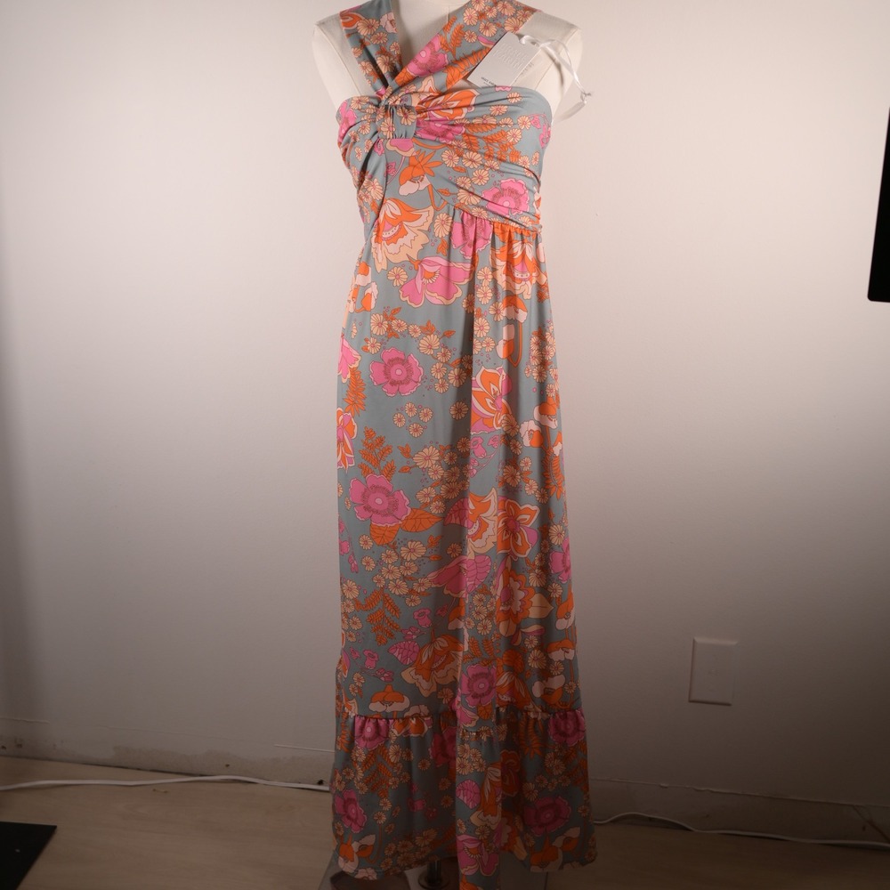 Grace Karin Floral Maxi Dress Pink Orange Blue Retro Halter Neck Tiered Hem M